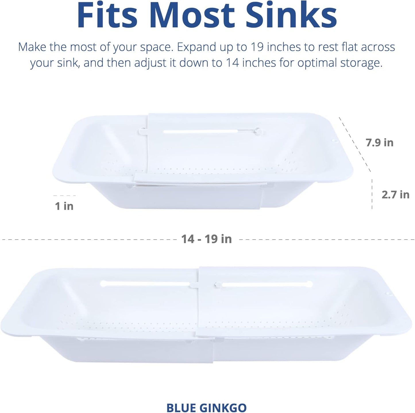 BLUE GINKGO Over the Sink Colander Strainer Basket - Wash Vegetables and Fruits, Drain Cooked Pasta and Dry Dishes - Extendable - New Home Kitchen Essentials (7.9 W x 14.5-19.5 L x 2.75 H) - White