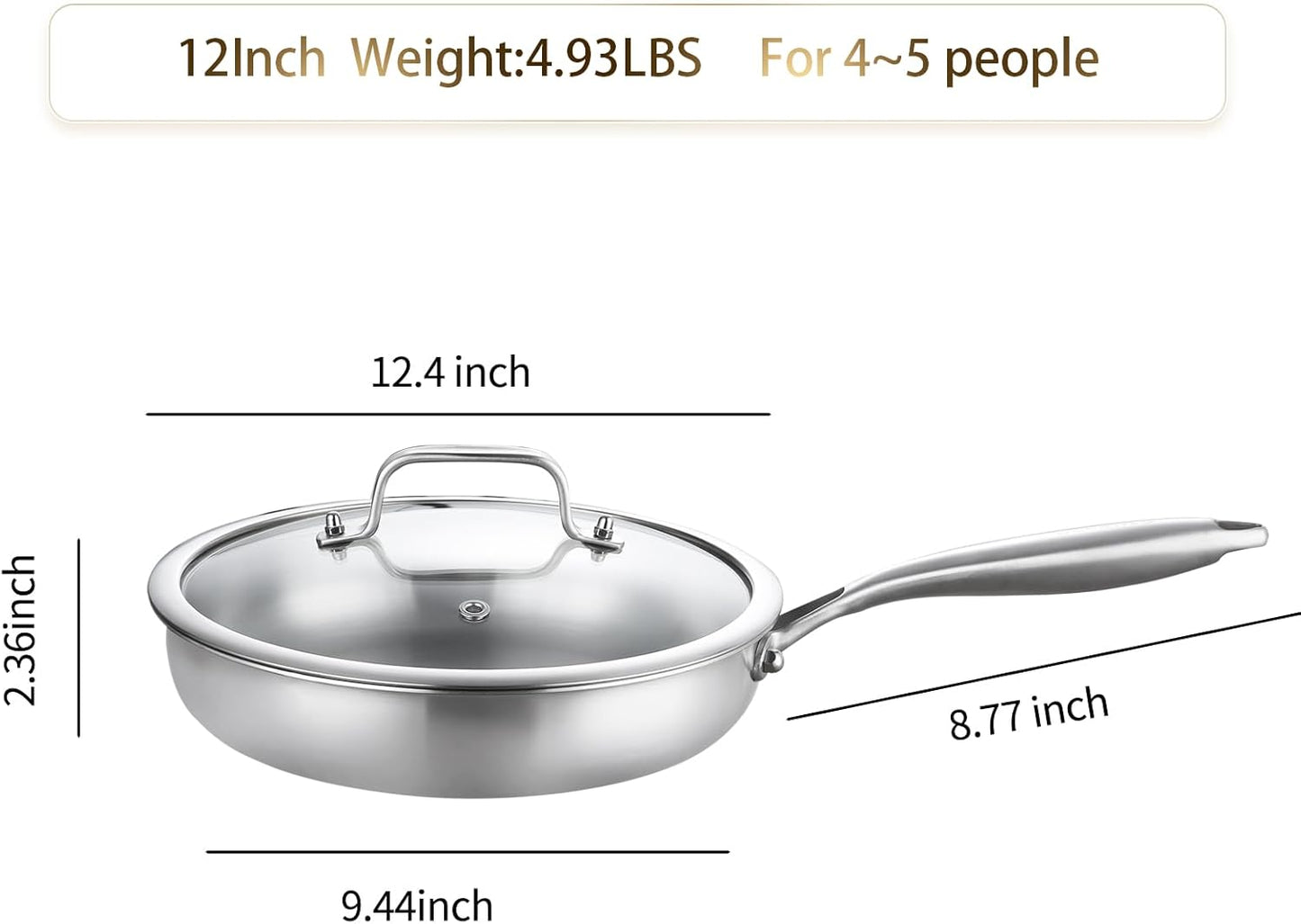 DELARLO Tri-Ply Stainless Steel Pan, 12 inch Frying Pan with Lid, Compatible with All Cooktops Up to 600℉, Fast & Even Heat, Skillet, Induction Cookware, Cooking Pan, Stir Fry Pan, Dishwasher Safe