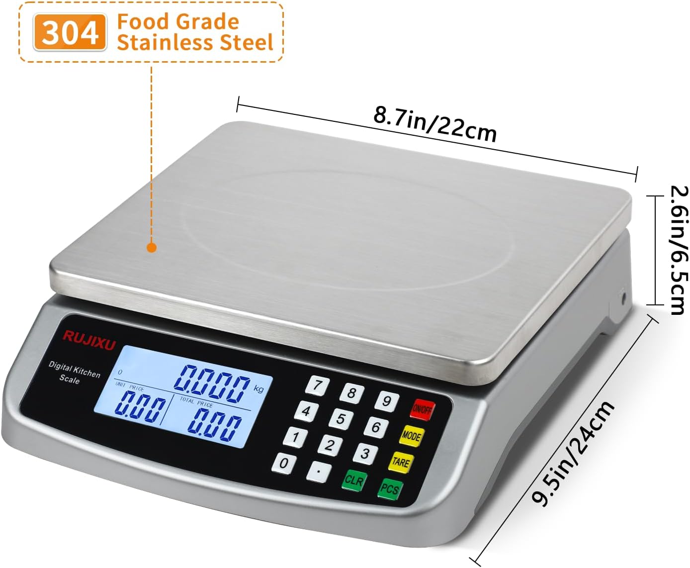 Food Scale 88lb/40kg Large Digital Kitchen Scale 0.05oz/1g with Price Computing Commercial Scale 304 Stainless Steel gram Scale for Baking Cooking Meat Restaurant ，USB or AA Battery(Included)