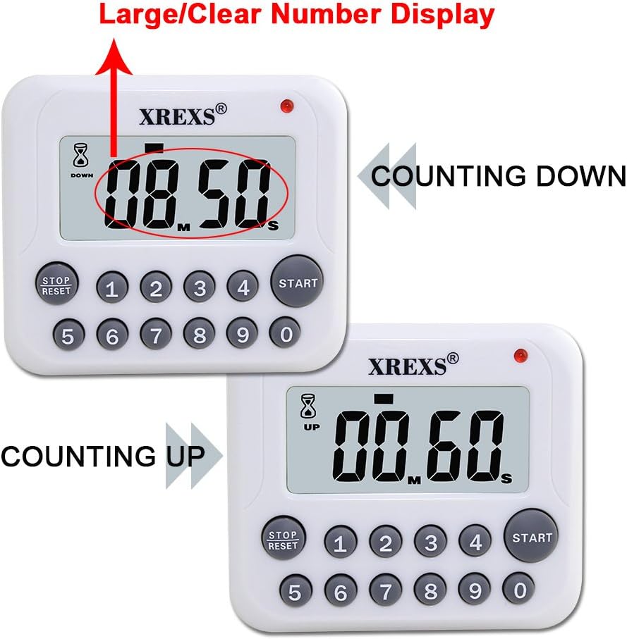 XREXS Digital Kitchen Timer Magnetic Countdown Up Cooking Timer Clock with Magnet Back and Clip, Loud Alarm, Large Display Minutes and Seconds Directly Input-White (2 Battery Included) (DC-12)