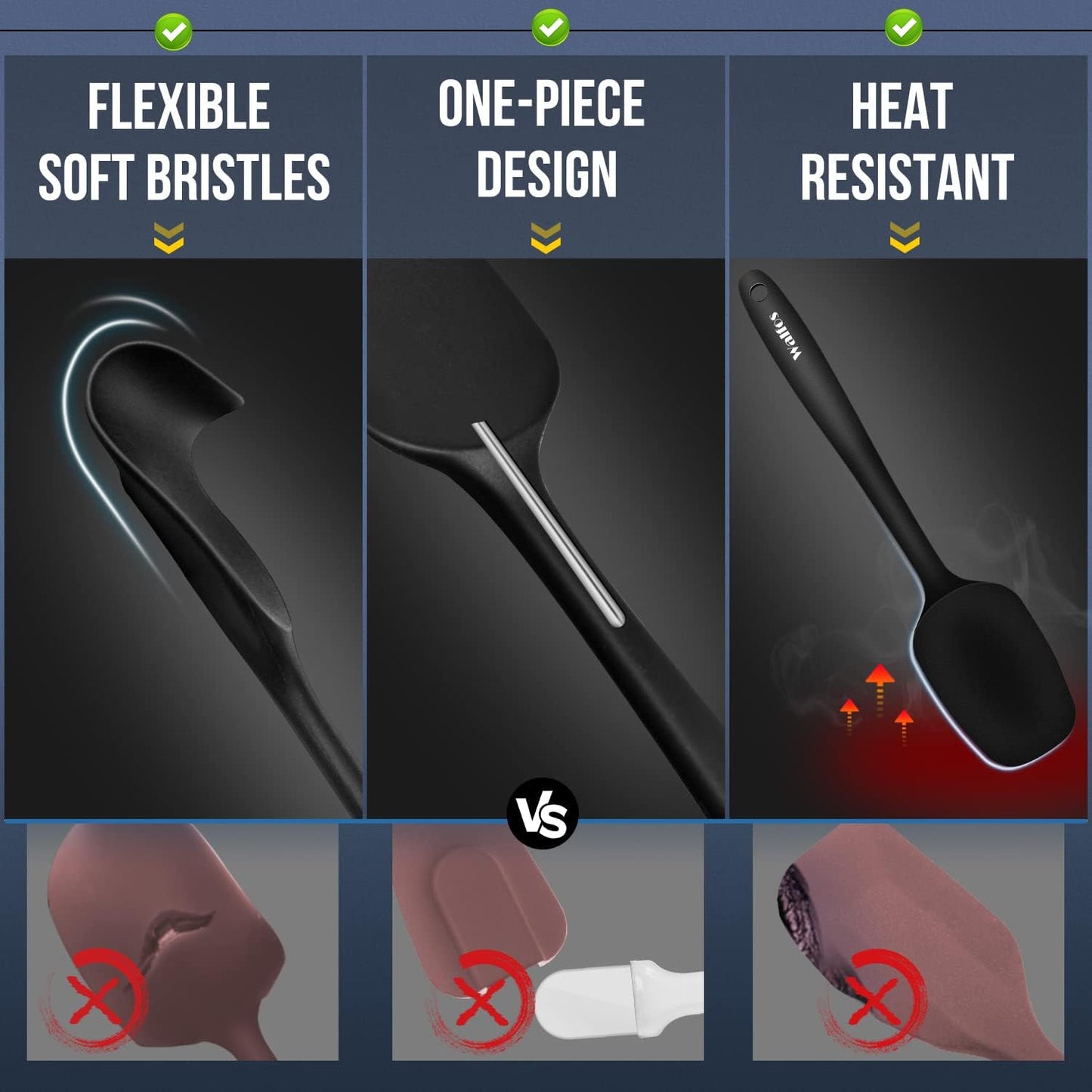 Walfos Mini Silicone Spatula Set of 3（600°F), Heat Resistant small Kitchen Silicone Spatulas, Strong Steel Core and One-Pieces Seamless Design, for Cooking Mixing & Baking,BPA Free & Dishwasher Safe