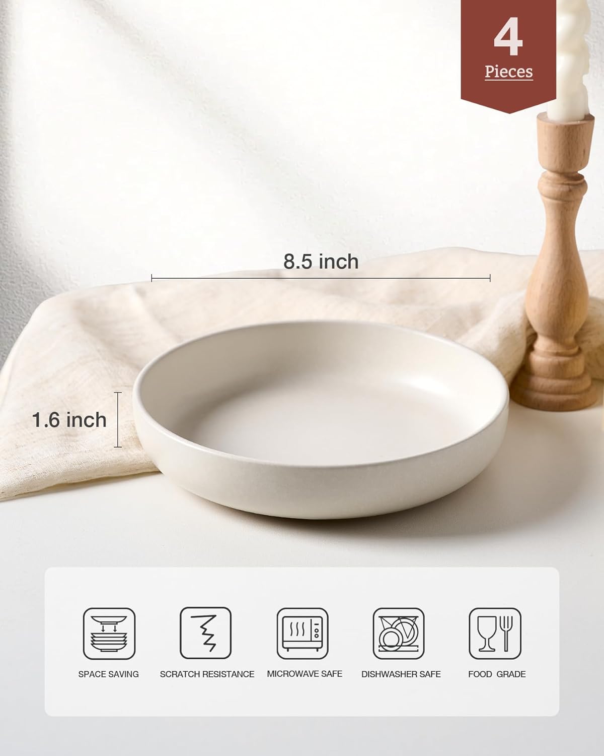 famiware Milkyway Pasta Bowls Set of 4, 8.5" Large Salad Bowls, Double Reactive Glaze, Sturdy & Stackable, Ideal for Housewarming, Festivals, Matte White