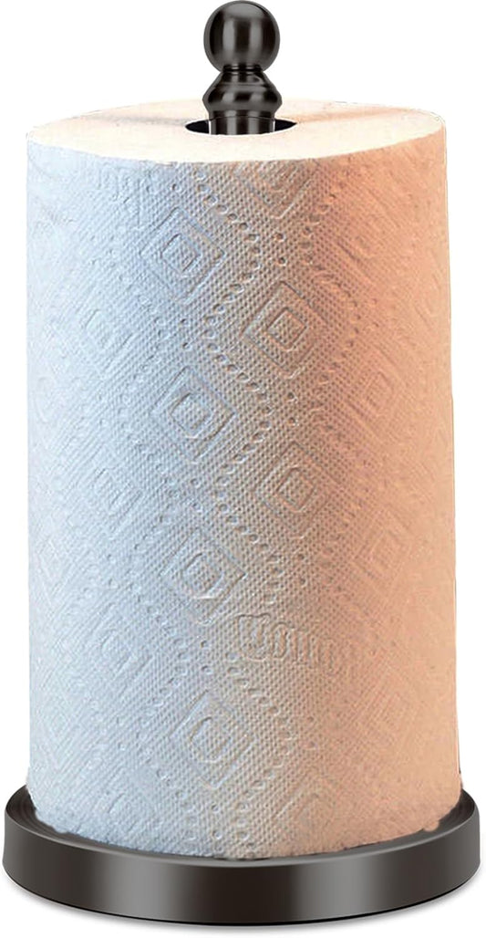 Black Paper Towel Holder Countertop, Standing Paper Towel Roll Holder for Kitchen Bathroom, with Weighted Base for One-Handed Operation, Stainless Steel in Black Matte Finish