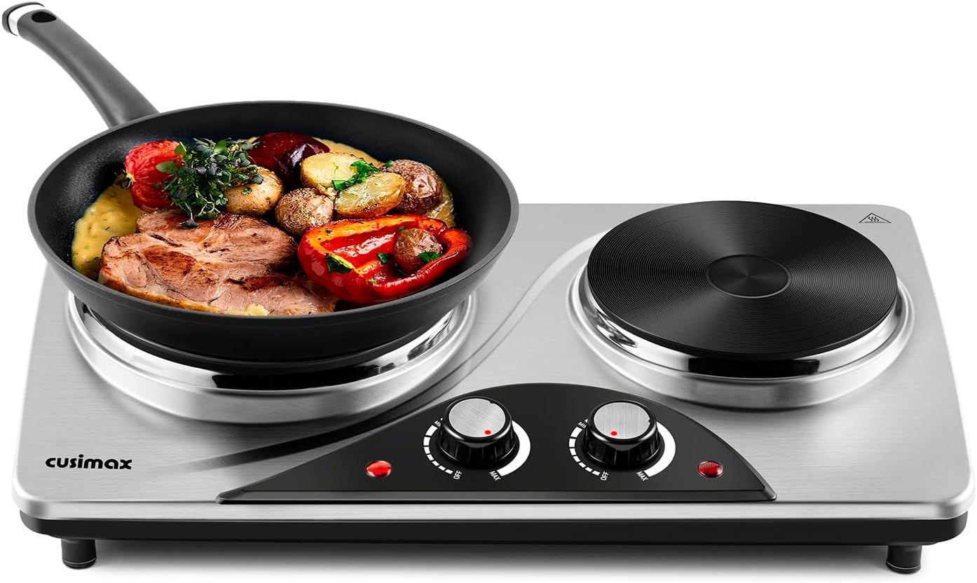 Double Burner, CUSIMAX 1800 Watts Electric Hot Plate for Cooking, Countertop Burner Portable Cast Iron Hot Plates with Dual Adjustable Temperature, Easy to Clean, Sliver
