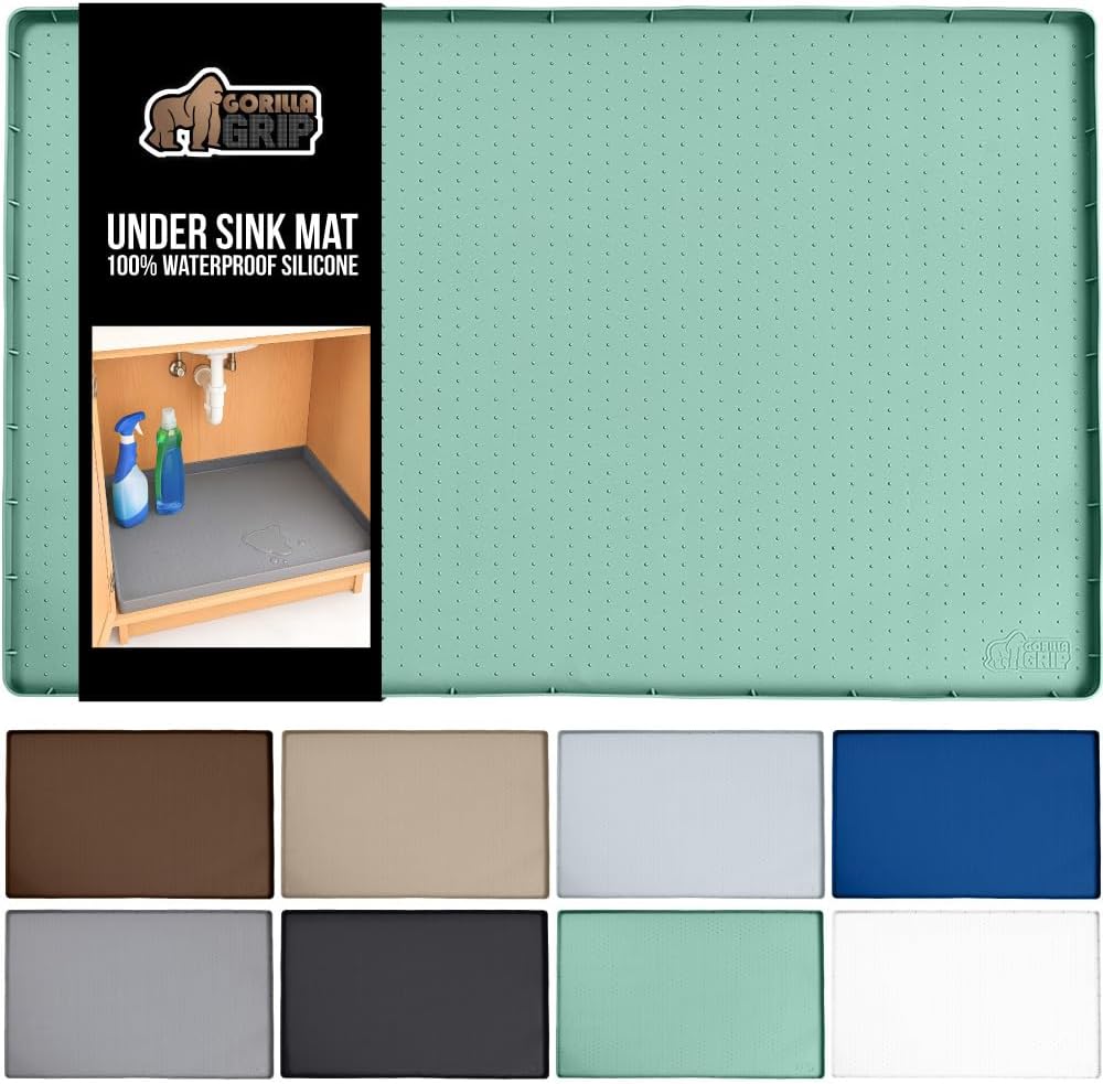 GORILLA GRIP Waterproof Silicone Under Sink Mat with Raised Lip for Kitchen and Bathroom, Cabinet Shelf Liner Stay in Place Mats Dishwasher Safe Drawer Liner, Organizer Tray, 19 x 34 in, Mint