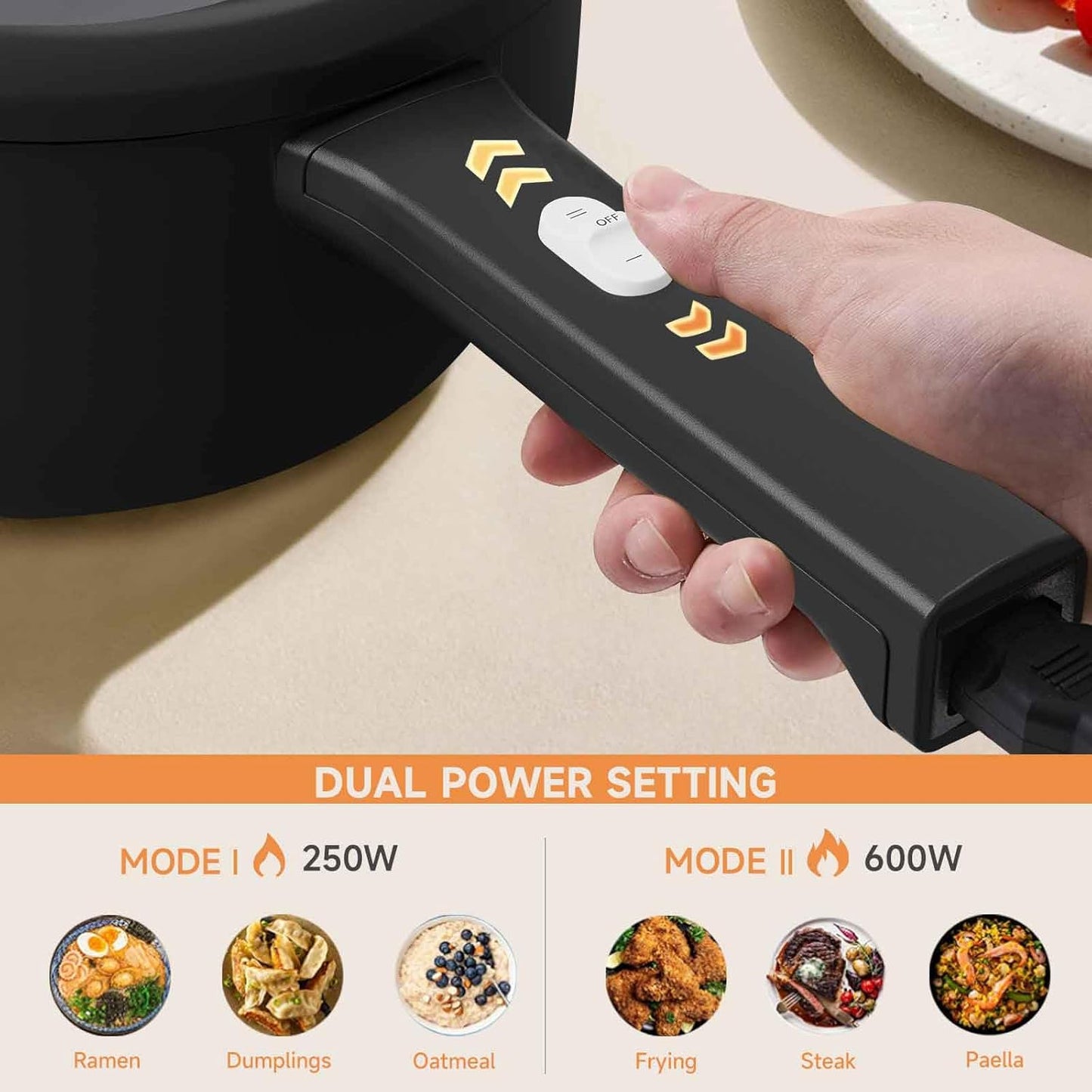 Dezin Electric Cooker, 2L Non-Stick Sauté Pan, Rapid Noodles Cooker, Mini Pot for Ramen with Power Adjustment, Dorm Room Essential