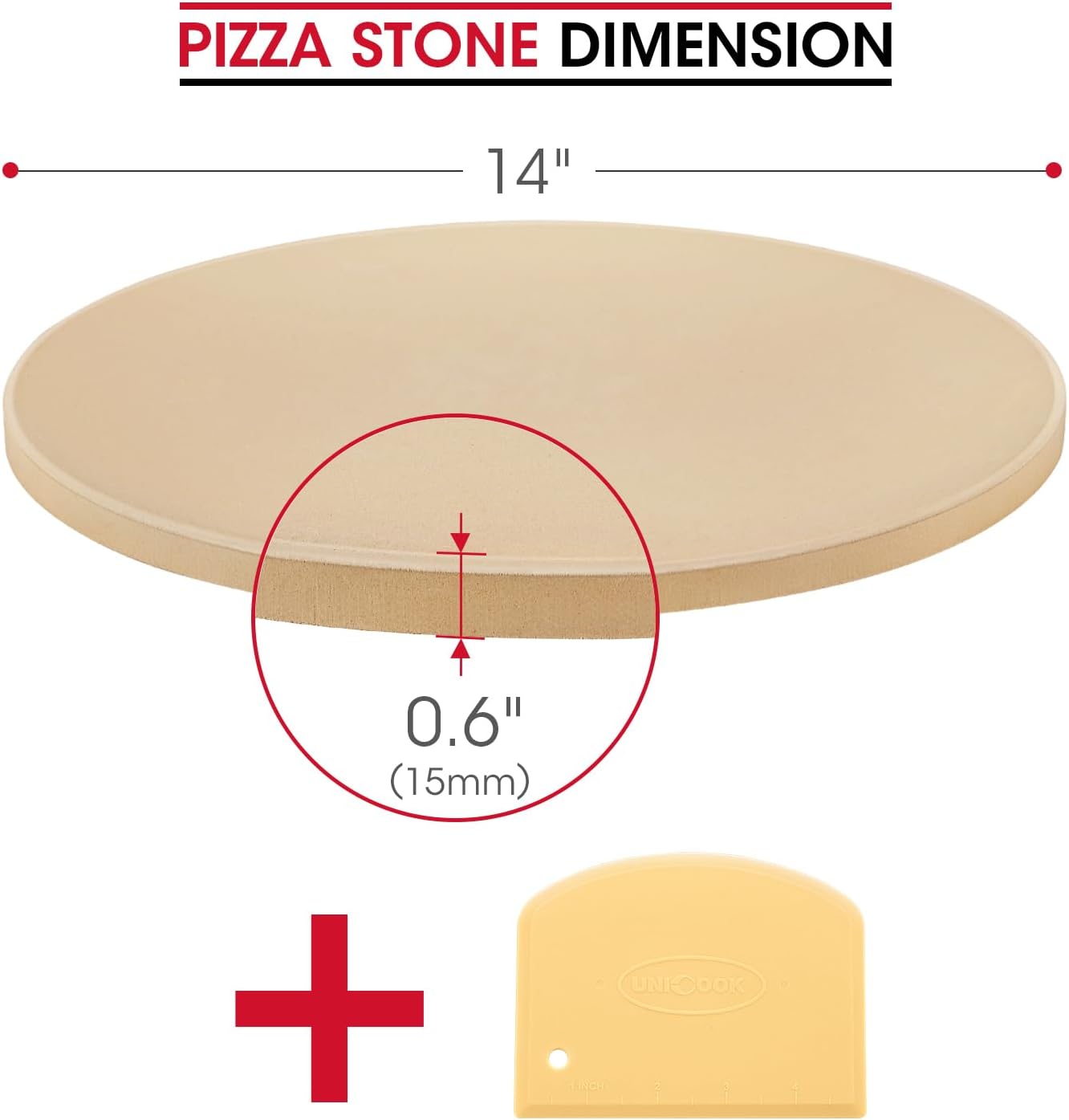 Unicook 14 Inch Round Pizza Stone, Heavy Duty Cordierite Baking Stone for Oven and Grill, Thermal Shock Resistant, Ideal for Baking Crispy Crust Pizzas, Bread, Pies and More, Includes Dough Scraper