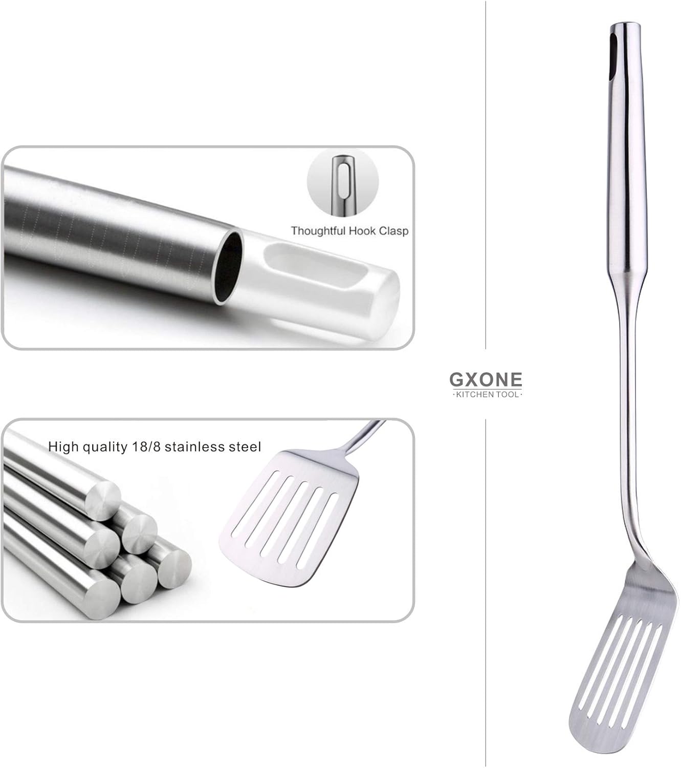 Stainless Steel Slotted Spatula,Cooking Utensil For Kitchen Use With Hollow Handle,Silver/14.9Inch