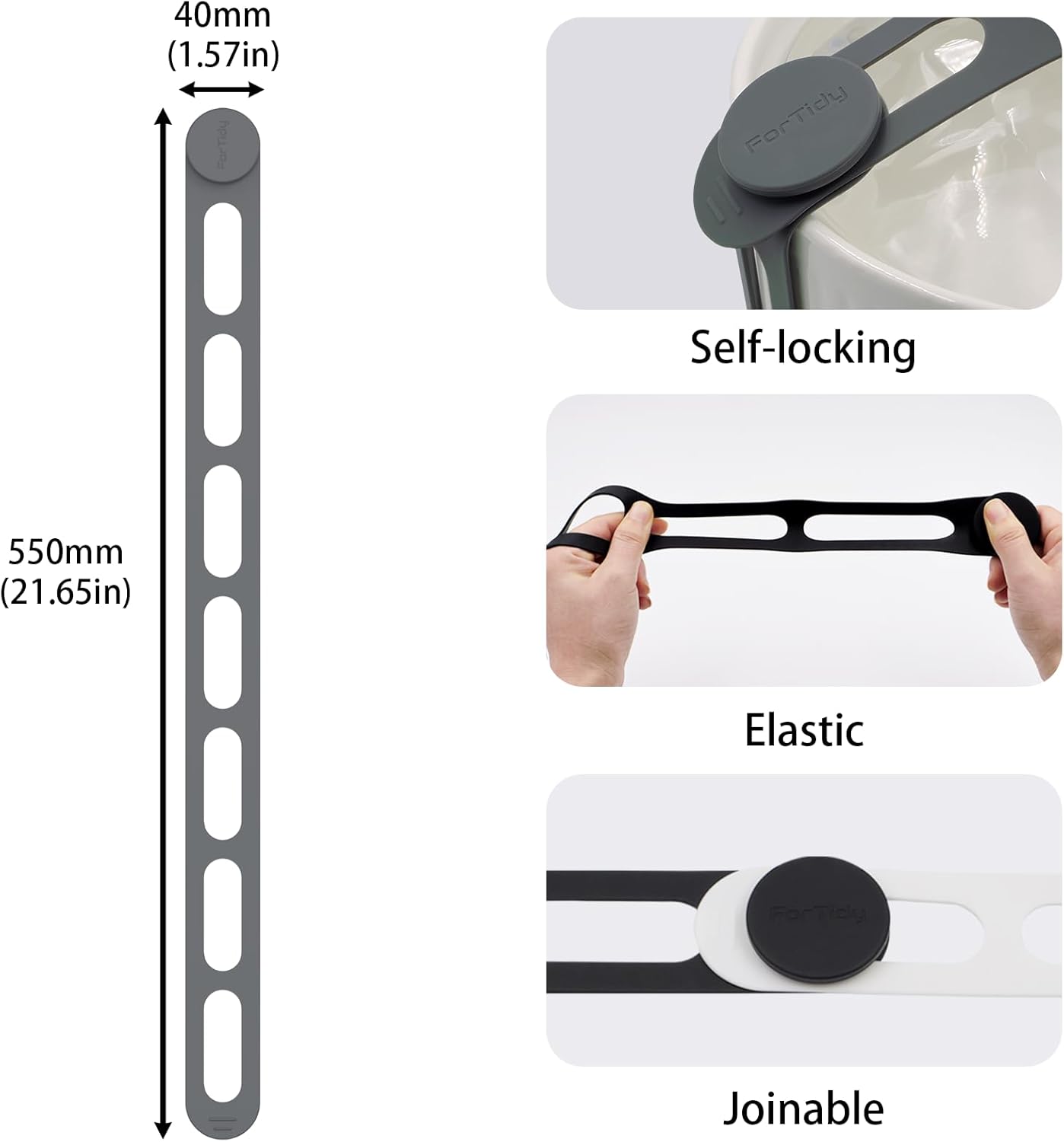 Silicone Latch Strap for Slow Cooker Lid, Pot, Bento Box, 21.65 in Reusable Elastic Self-Lock Silicone Tie for Bundling or Organizing Curtain, Cords, Yoga Mat, Camping Mat, 2pcs (Gray&Gray)