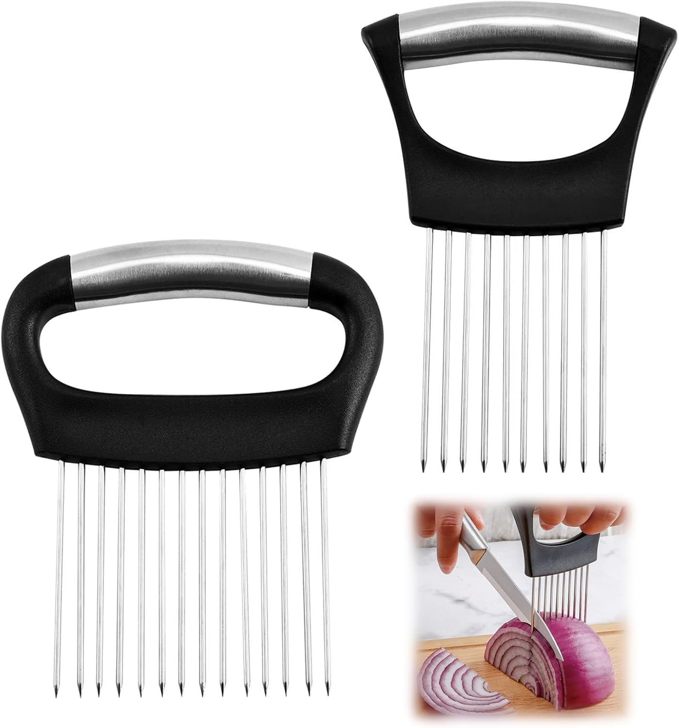 Stainless Steel Onion Slicer Holder, Onion Holder for Slicing & Onion Cutter, Tomato Slicer for Vegetables (Onions, Tomatoes, Potatoes, Avocados, Eggs), Kitchen Slicing Assistant Tool (Mix-2PCS)