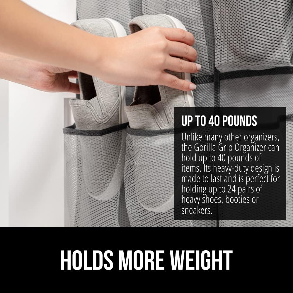 GORILLA GRIP Over the Door Shoe Organizer, 24 Extra Large Breathable Mesh Pockets, Space Saving Hanging Storage Holder, 4 Hook Closet Rack Hanger, Hangs on Closets for Shoes and Accessories, Gray