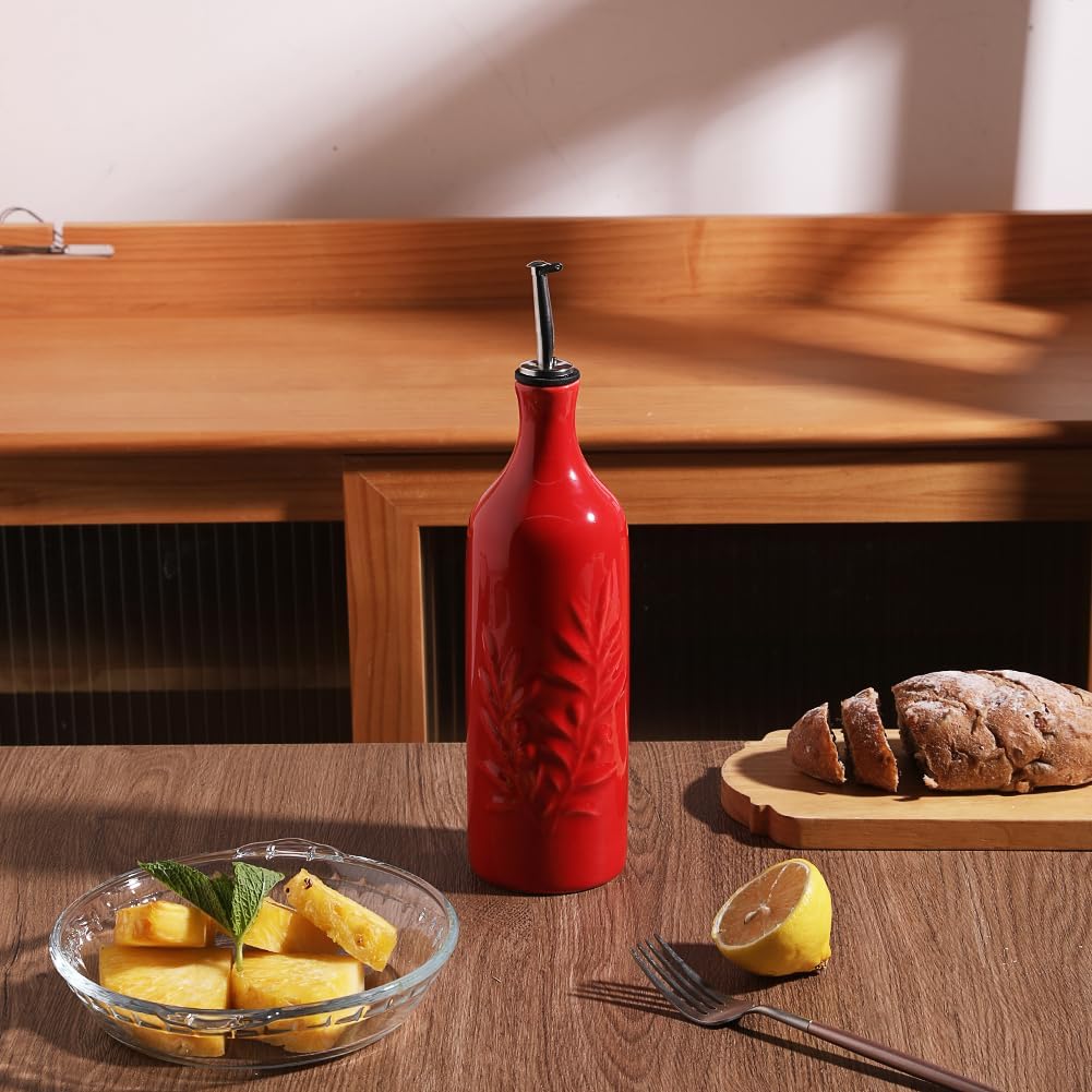 Sweejar Large Ceramic Olive Oil Dispenser Bottle, 24 Oz Relief Opaque Oil Cruet Protects Oil To Reduce Oxidation, Storage Vinegar, Soy Sauce, Coffee Syrup, Liquids, Set of 1 (Red)
