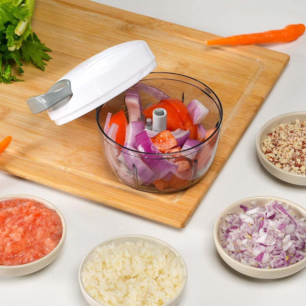 Manual Food Processor Vegetable Chopper 2.3 Cup Small Mini Hand Pull String Onion Chopper Garlic Mincer Cutter with 3 Stainless Steel Blades - White