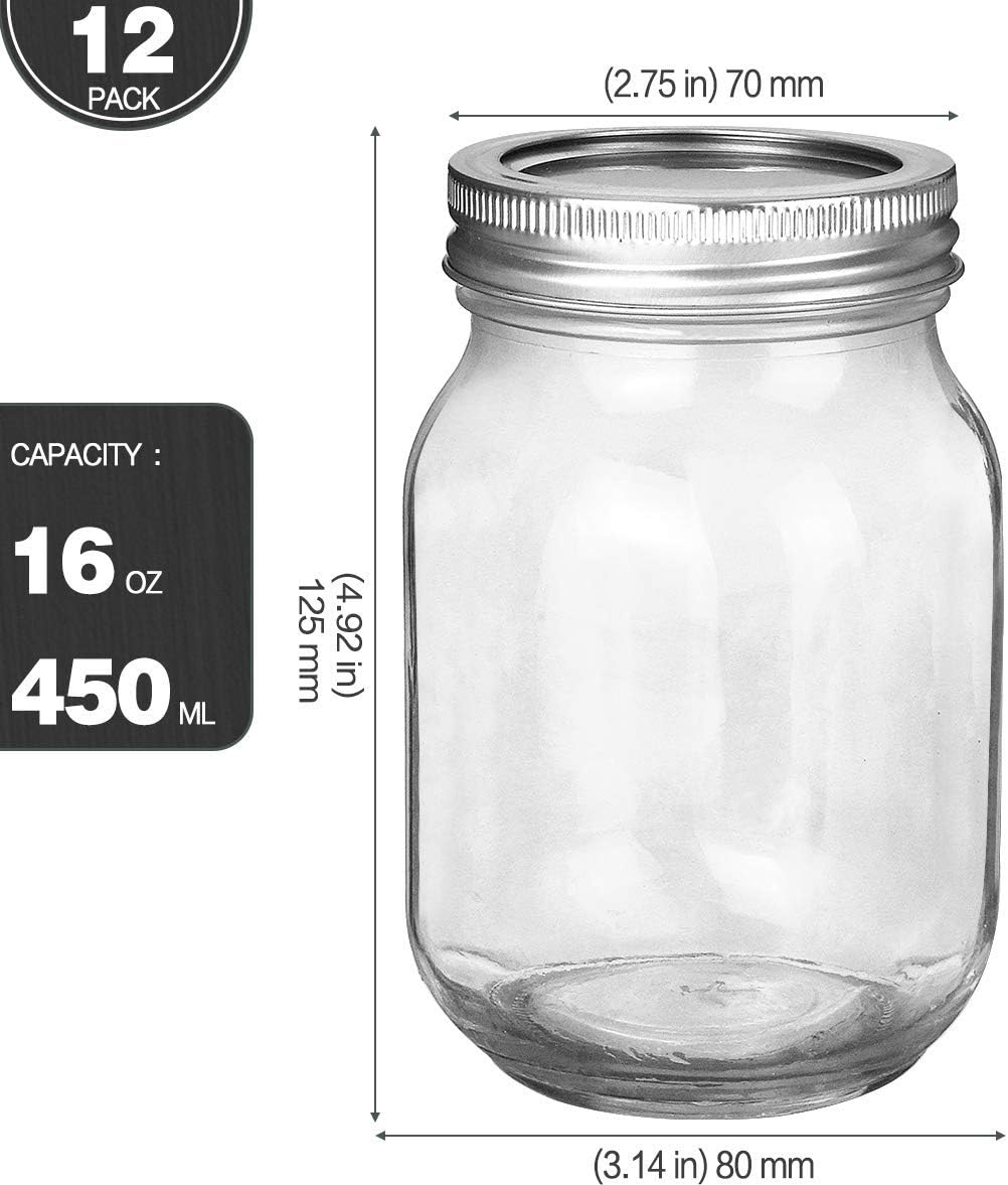 KAMOTA Mason Jars 16 OZ With Regular Lids and Bands, Ideal for Meal Prep, Jam, Honey, Wedding Favors, Shower Favors, Baby Foods, DIY Spice Jars, 12 PACK, 20 Whiteboard Labels Included
