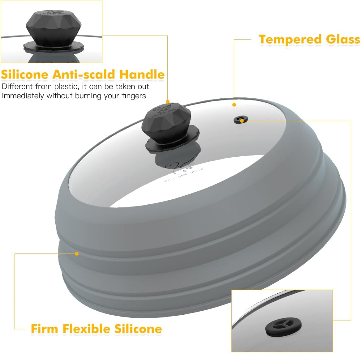 Microwave Splatter Cover Vented Glass Splatter Guard Lid with Collapsible Silicone for Food as Pot Cover Plate 9.8 inch Light Grey