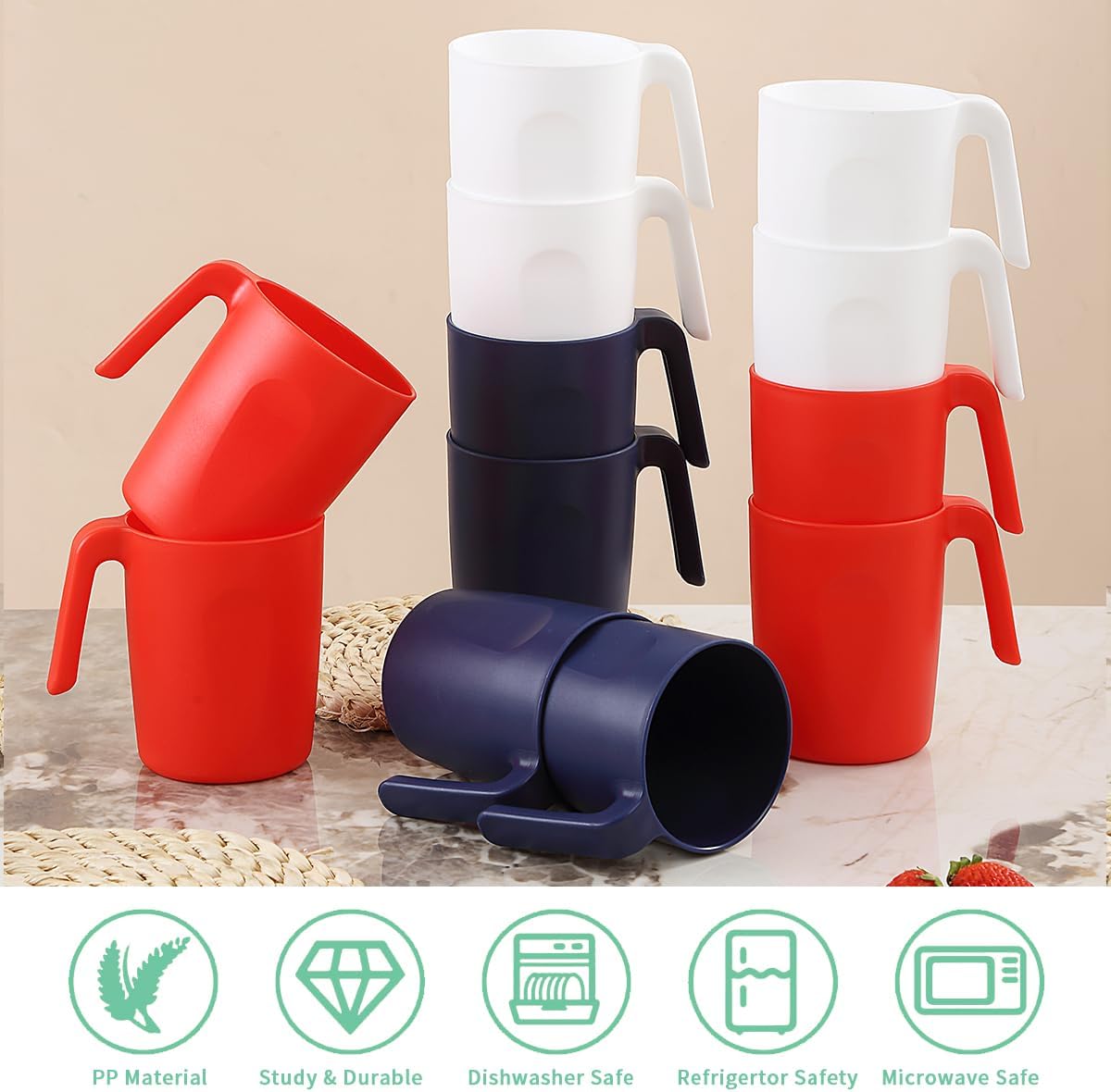 Kyraton Plastic Mug Set 12 Pieces, FR Color Unbreakable And Reusable Light Weight Travel Coffee Mugs Espresso Cups Easy to Carry And Clean, Dishwasher Safe