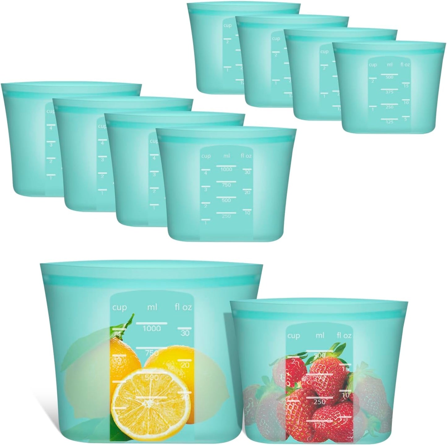 Reusable Sandwich & Snack Bags, 8 Pack 100% Silicone Food Storage Bags Stand Up Zip Lock for Food Container, Freezer Microwave Oven Dishwasher Safe, 4 Small 4 Extra Small, Aqua