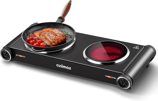 Cusimax Hot Plate,1800W Electric Stove Countertop Double Cast Iron Burner with Adjustable Temperature,7.4”+6.1” Portable Hot Plates for Cooking,Compatible for All Cookwares