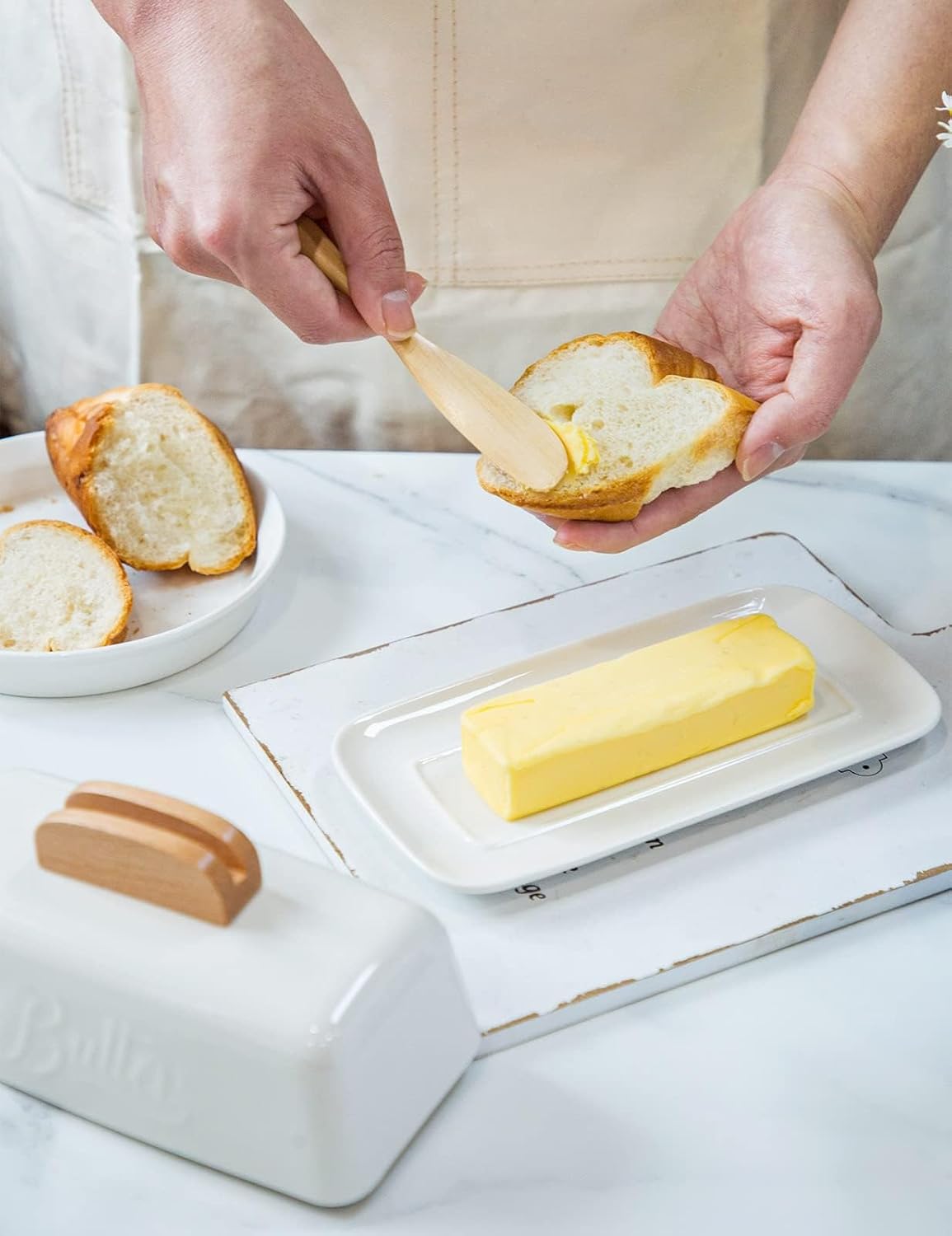 Butter Dish with Lid and Knife Ceramic Butter Holder for Counter Humanized Clamp-able Knife Handle Design, Perfect for East West Coast Butter, White