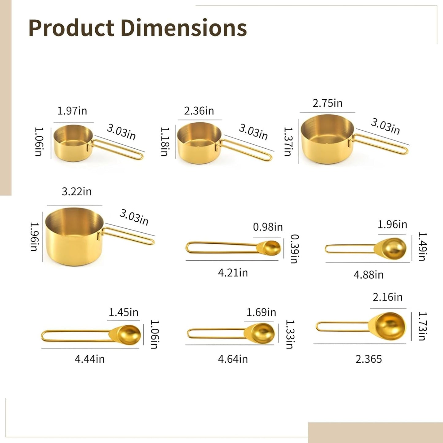 Stainless Steel Measuring Cups and Spoons Set, 9 Piece with Engraved Marks, Food Safe, Easy Stack Gold Measuring Set for Baking and Cooking