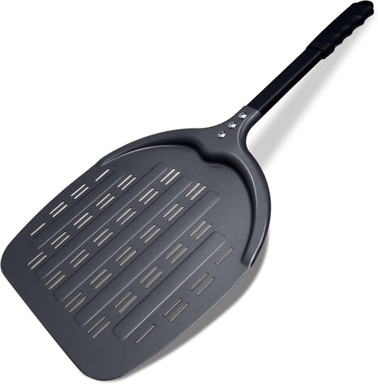Professional Aluminum Pizza Paddle, 12 Inch Perforated, Restaurant Grade, Long Handle Non-Stick Metal Pizza Peel for Outdoor Oven
