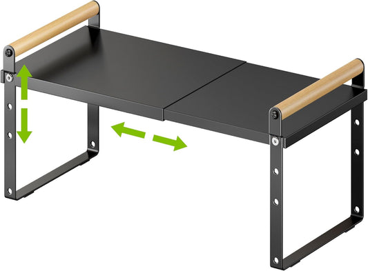 DOLALIKE Expandable kitchen Countertop Organizer, Stackable Cabinet Shelf Organizers, Space Saving Spice Rack Pantry Storage for Bathroom Office Organization (6.9''D*13-19.7''W*7.9''H, Black)