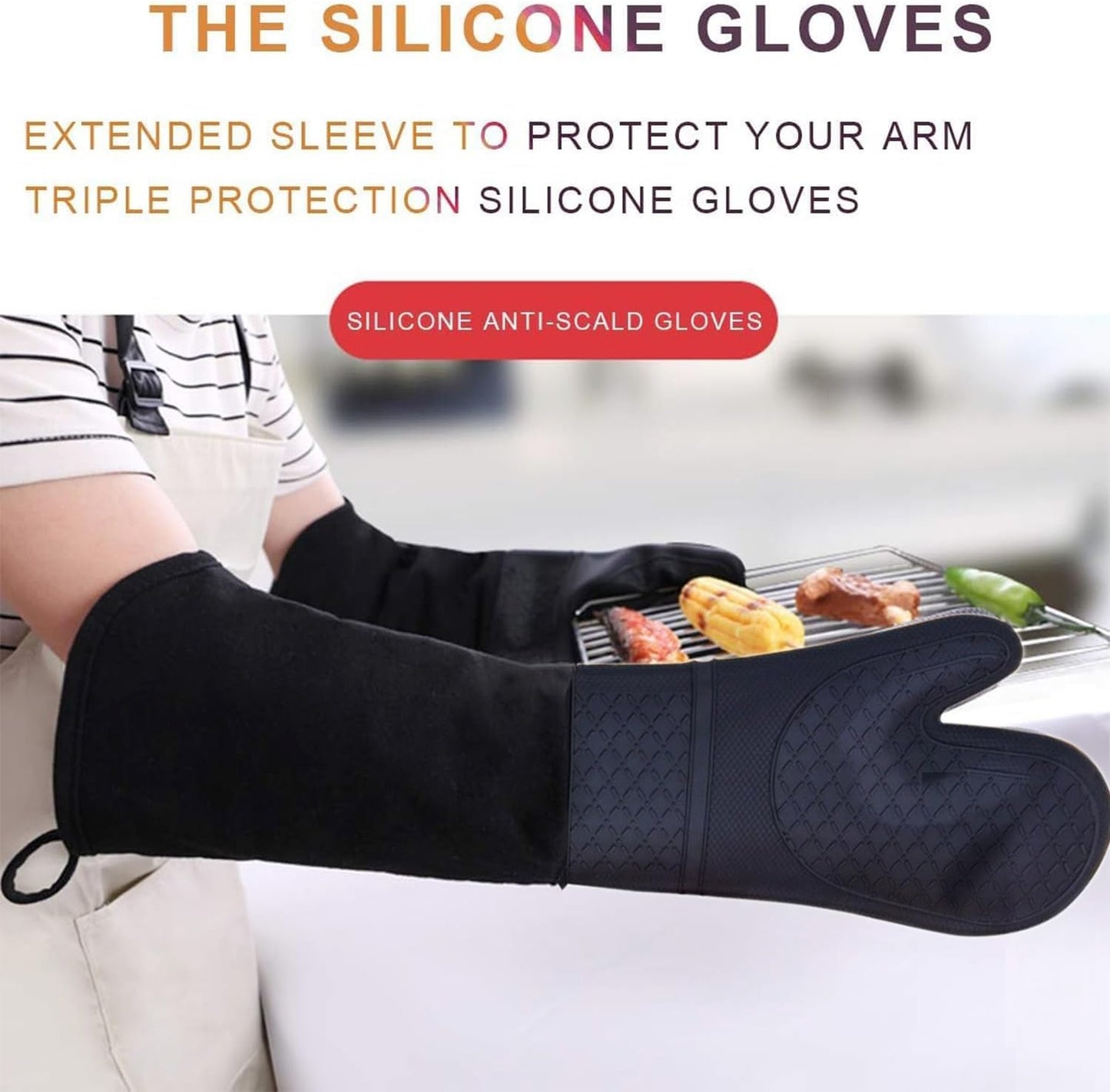Extra Long Silicone Oven Mitts Heavy Duty Commercial Grade Oven Mitts Heat Resistant BBQ Gloves with Quilted Cotton Lining 2 Pack (Black)