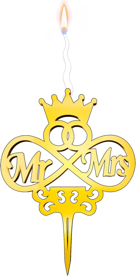 Mr and Mrs Reusable Gold Romantic Cake Candle - Luxury Cake Topper Candle for Birthdays, Weddings & Anniversaries - Reusable Food Safe Acrylic, Shiny Mirror Finish - Happy Birthday Cake Topper Decor