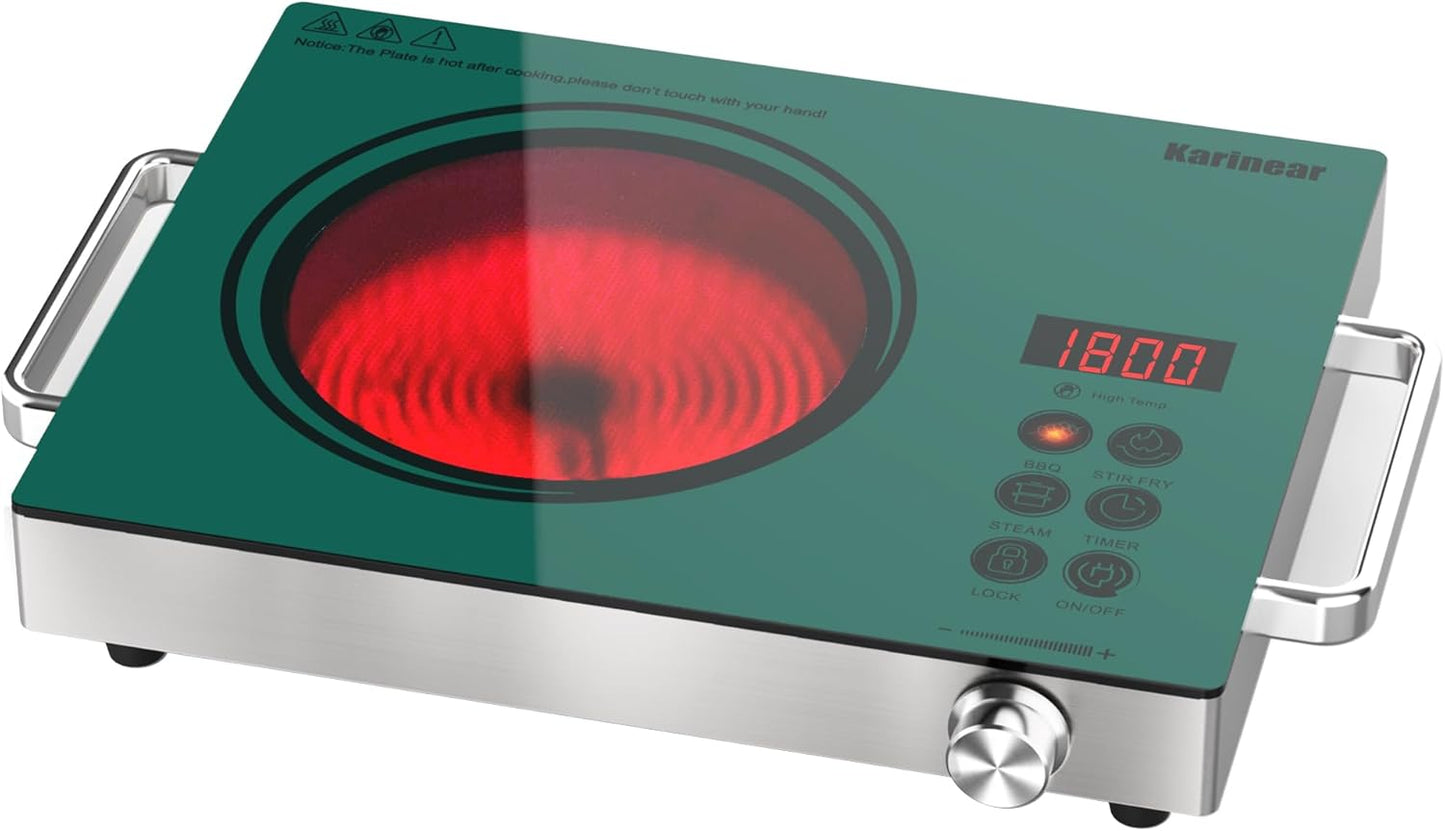 Karinear Portable Electric Stove 110V, 1800W Electric Hot Plate with Handle, Knob Control Single Burner Electri Cooktop, Ceramic Infrared Countertop Burner, Timer, Safety Lock(Green)