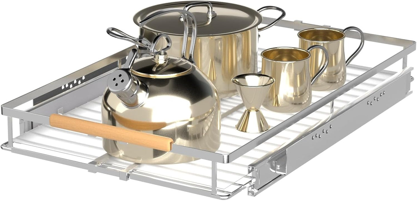 Expandable Pull Out Drawer Cabinet Organizers, Heavy Duty Slide Out Storage Shelf for Home Kitchen Pantry Cupboard Pots Pans, Adjustable Width from 12.1"~18.4", Stainless Steel 1 Pack