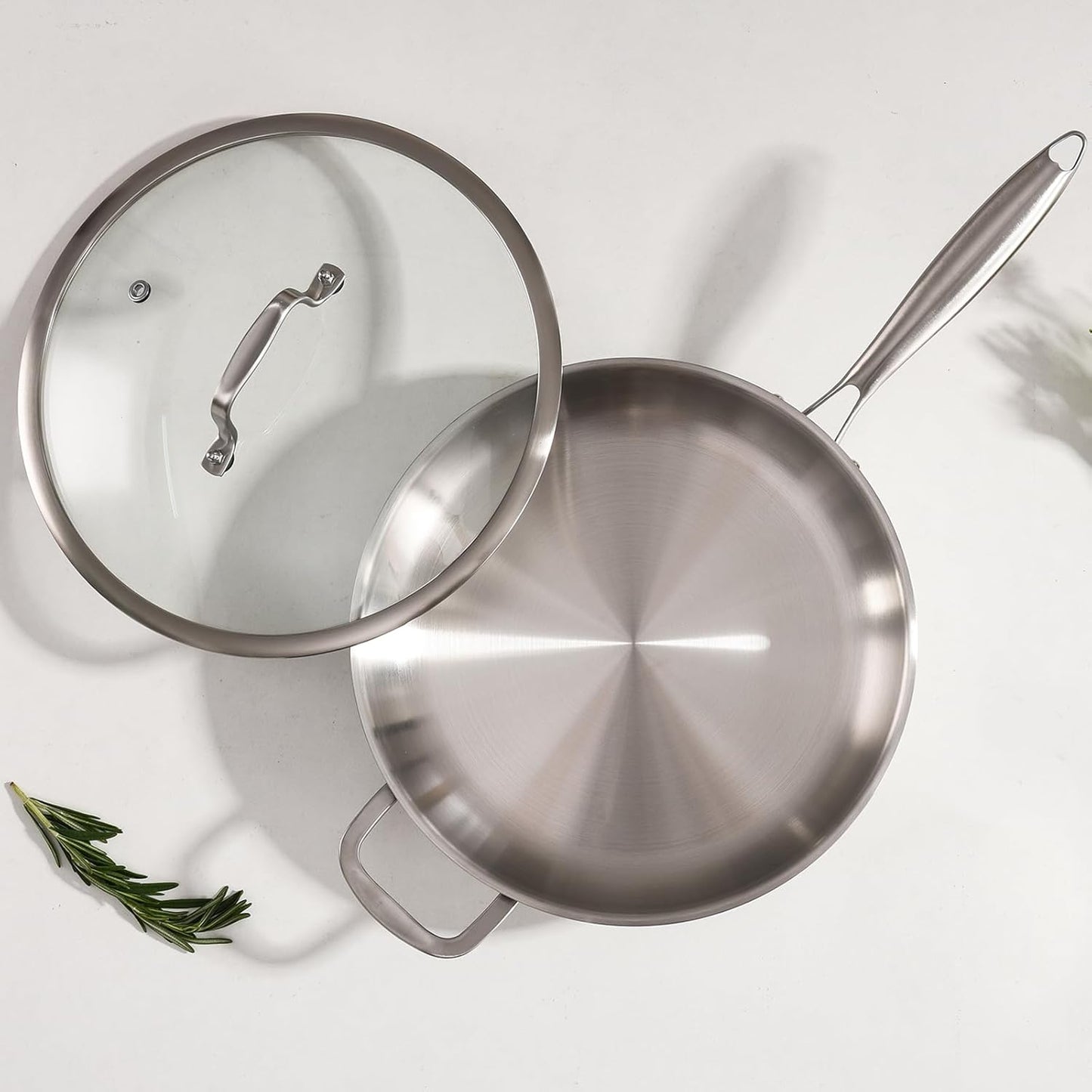 DELARLO Stainless Steel Pan, 14.2 Inch Frying Pan, Tri-Ply Skillet with Lid, Oven Safe Up to 600℉,Stainless Steel Cookware, Fast Even Heat, Large Cooking Surface,Non Toxic Skillet