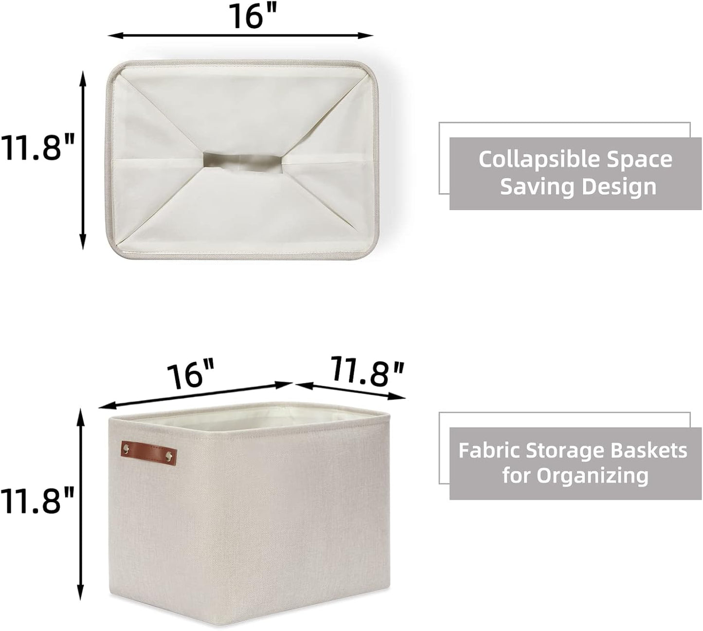 HNZIGE Large Canvas Baskets 16"×11.8"×11.8" Decorative Storage Bins with Leather Handles (2 Pack) Collapsible Rectangle Storage Baskets for Organizing Clothes, Toy, Books, Sundries, Tools(Cream)