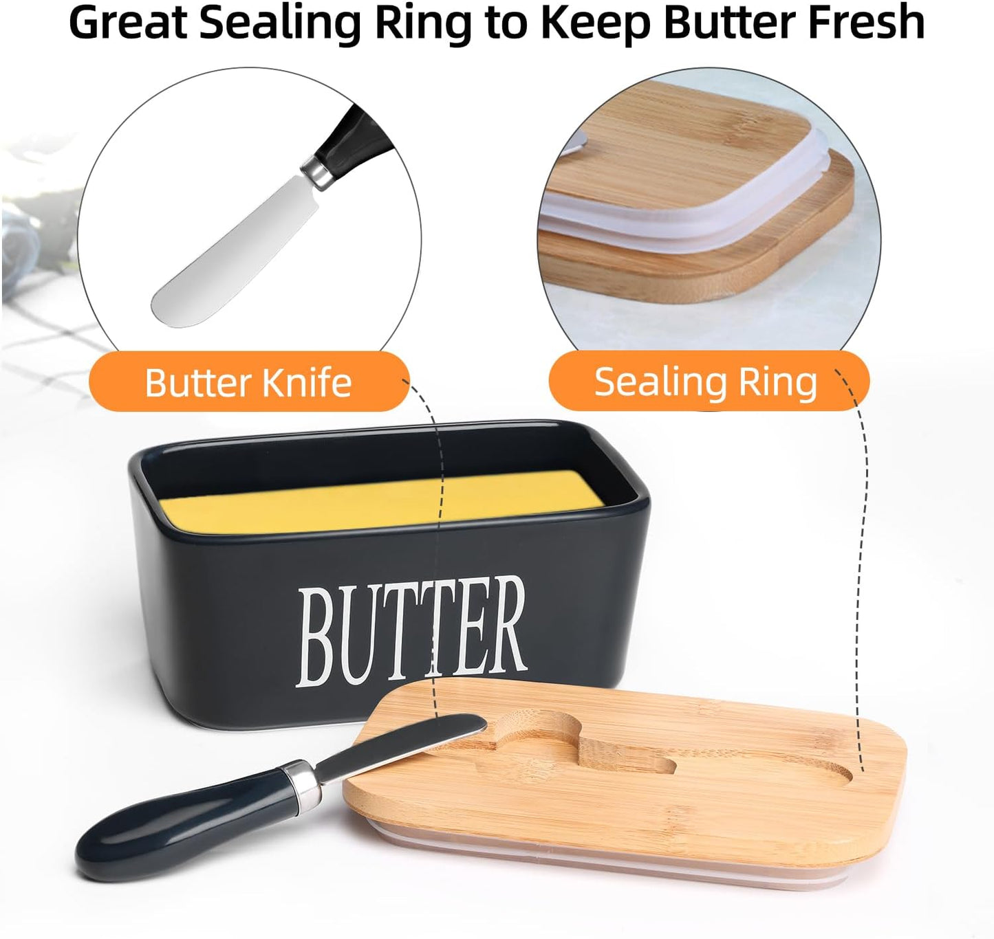Ceramic Butter Dish with Wooden Lid, Large Butters Container Keeper Storage with Stainless Steel Knife Spreader, Bamboo Cover and Silicone Sealing Ring for West East Coast, Black