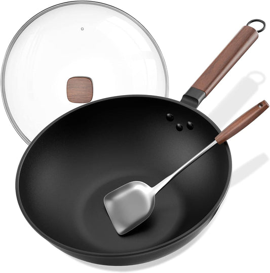 Carbon Steel Wok - Including Glass Cover and Steel Spatula, 13-Inch Woks & Stir-Fry Pans for Induction, Electric, Gas Stoves