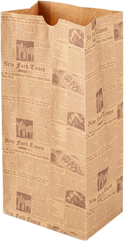 Restaurantware Bag Tek 8 Lb Disposable Lunch Bags 100 Sturdy Take Out Bags - Flat Bottom Microwavable Kraft Newsprint Design Paper Bags Freezable Great For Restaurants Cafes And Bakeries
