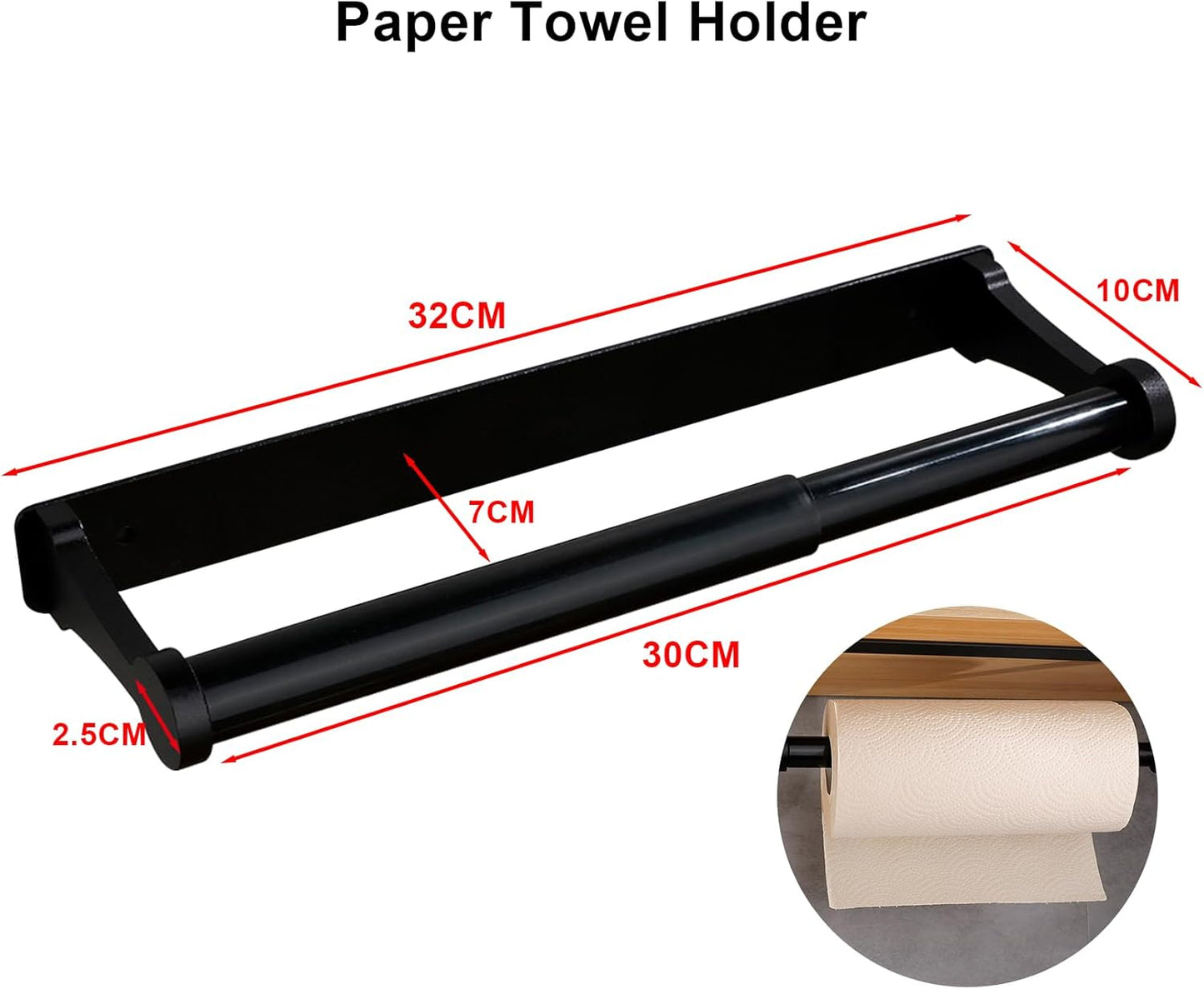 MONEER Paper Towel Holder Under Cabinet, Paper Towel Holder, Aluminum Alloy Kitchen Towel Holders, Self Adhesive Kitchen Roll Holder for Kitchen, Bathroom, Living Room (Black)