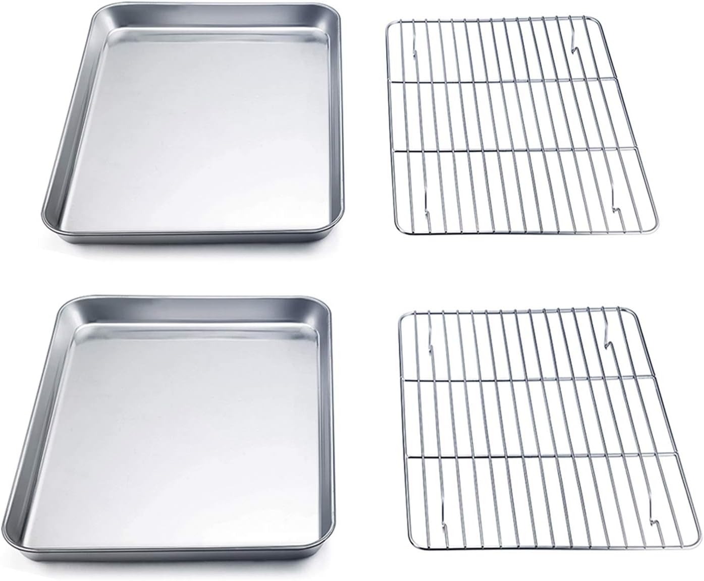 TeamFar 9'' x 7'' x 1'' Toaster Oven Pan with Rack Set of 4, Stainless Steel Compact Toaster Ovenware Pan with Cooling Rack, Healthy & Heavy Duty, Easy Clean & Dishwasher Safe, (2 Pans + 2 Racks)