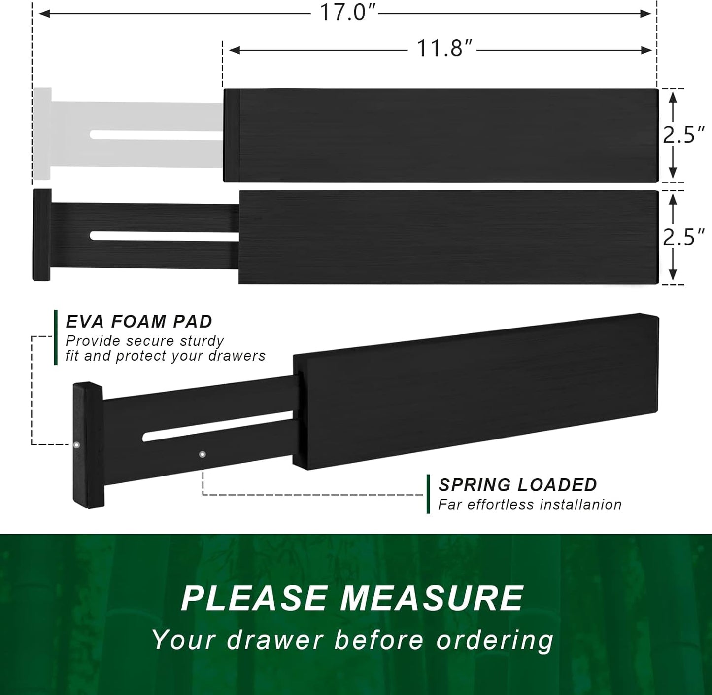 FJO 4 Pack Adjustable Bamboo Drawer Dividers - 11.8" - 17" Expandable Drawer Separators for Kitchen, Utensils, Clothes, Bedroom, Dresser, Bathroom (Black)