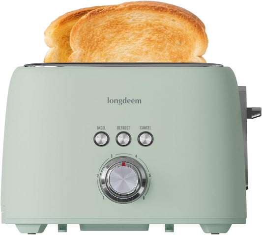 2-Slice Toaster 1.5" Extra Wide Slot Stainless Steel with High Lift Lever, 6 Presets & Bagel/Defrost/Cancel Function, Removal Crumb Tray, Under Base Cord Storage, Green