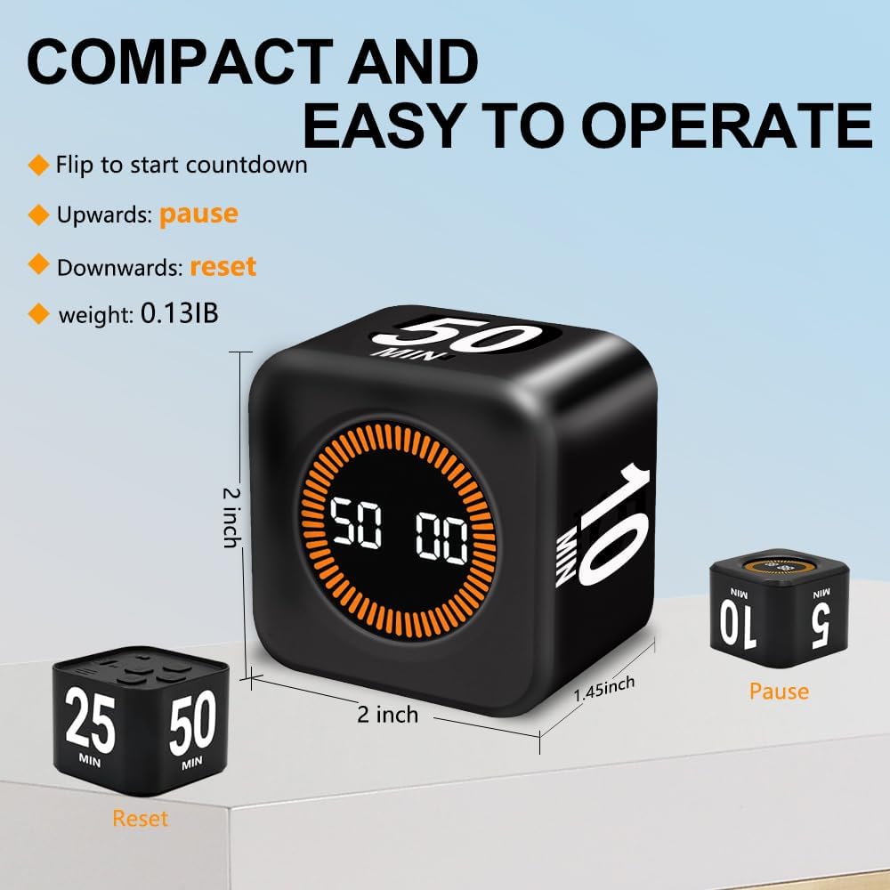 Visual Rotating Timer with 5, 10, 25 50 Minutes Preset, Desk Cube Count Down/up Timer, Rechargeable Custom-time Mute/Sound, Ideal for ADHD Work Learning Kitchen, Black