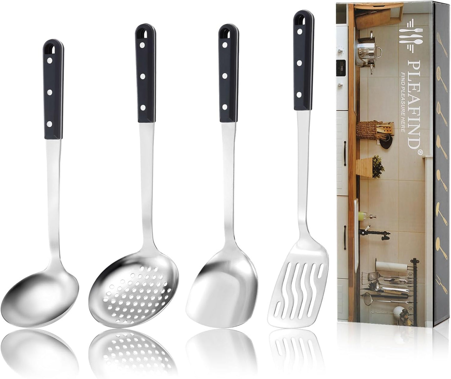 Pleafind 4-Pcs Cooking Utensils Set, Stainless Steel Kitchen Utensils, Mirror Polished Kitchen Essentials Set Include Wok Ladle, Slotted Spoon, Wok Spatula ＆Slotted Spatula, Dishwasher Safe