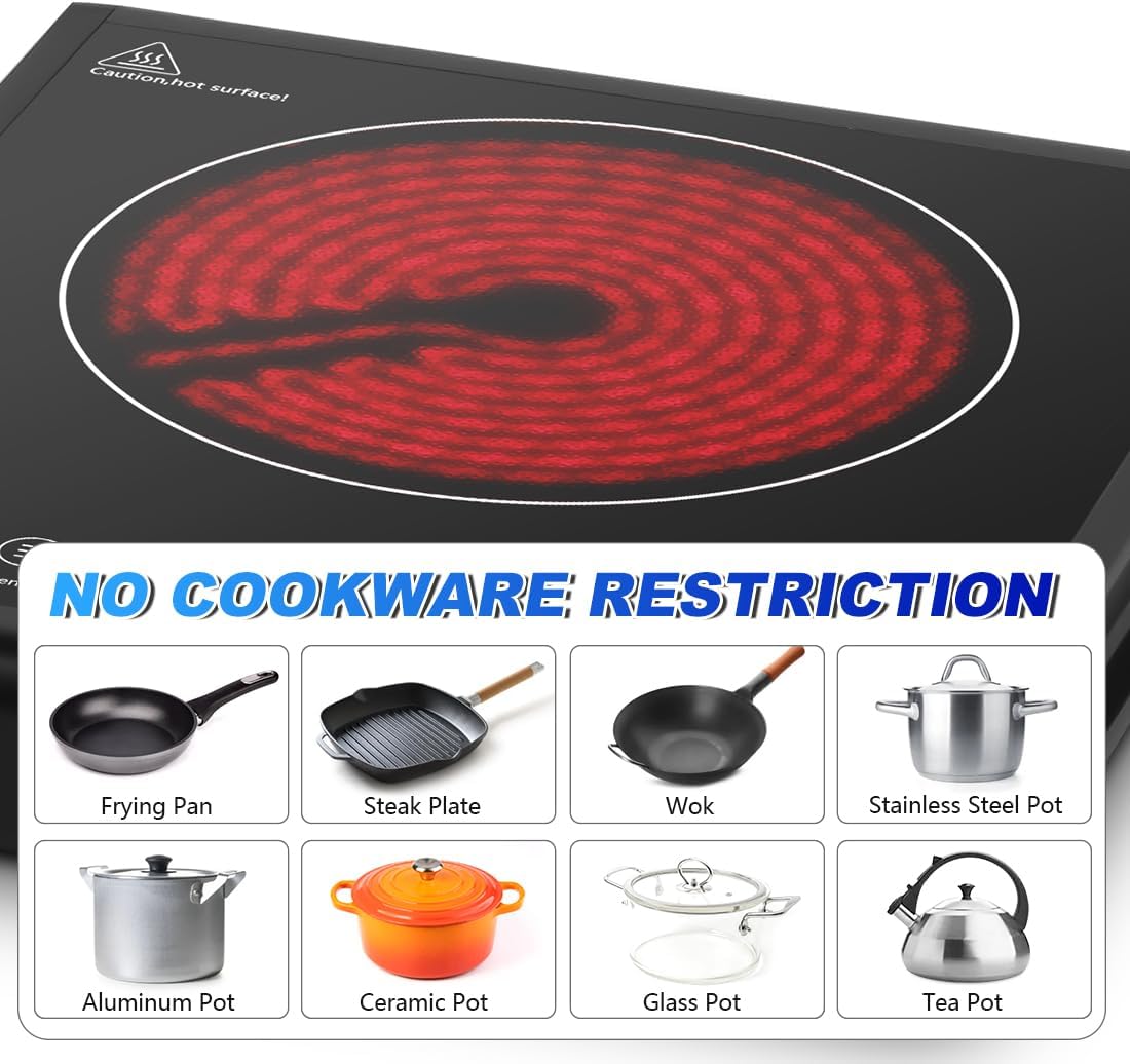 1500W Infrared Hot Plate with LED Display, Small Electric Stove with Adjustable15 Power and Time 2h, Portable Electric Burner Compatible with All Cookware