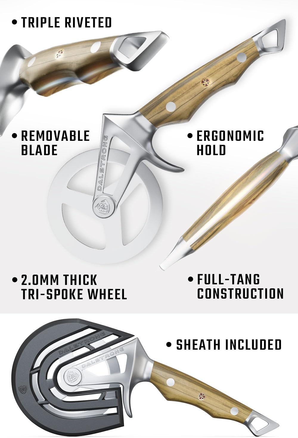 Dalstrong Pizza Wheel Cutter - Olive Wood Handle - The Orbit Razor Unique Pizza Wheel & Cutter -High-Carbon Heavy-Duty Stainless Steel - Razor Sharp - Thumb Guard Protection & Blade Cover