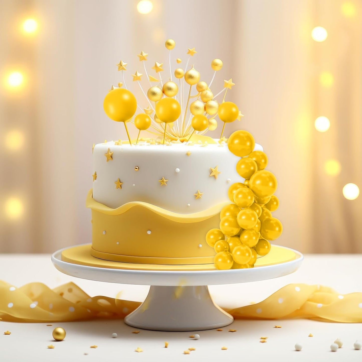 48 Pcs Yellow Cake Topper Decorations - Balloon Cupcake Toppers Foam Cake Balls for Birthday Party, Wedding Anniversary Cake Decorating