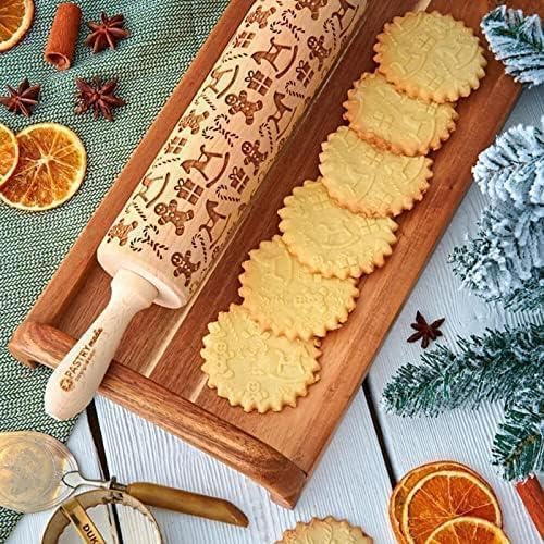 Christmas Wooden Rolling Pin for Baking,Engraved Embossing Rolling Pin Cookie Stamps Roller Square Grid Cookies Mold Kitchen Decor Tools for Kids Adults(Gingerbread Man)