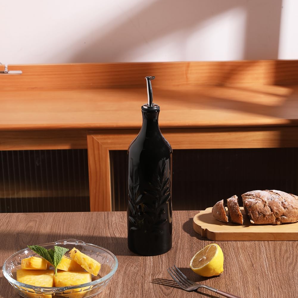 Sweejar Large Ceramic Olive Oil Dispenser Bottle, 24 Oz Relief Opaque Oil Cruet Protects Oil To Reduce Oxidation, Storage Vinegar, Soy Sauce, Coffee Syrup, Liquids, Set of 1 (Black)
