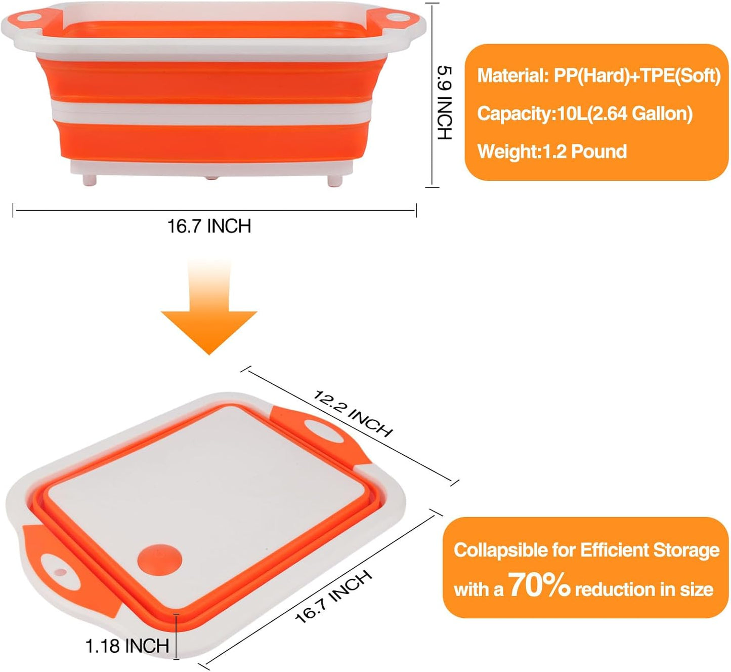 Collapsible BBQ Prep Tub/Cutting Board 10L, Foldable Dish Tub with Colander, Portable Camping Sink, Multifunction Dishing Basin Bucket Wash Tub for Kitchen Fruit Vegetable Picnic (Orange)