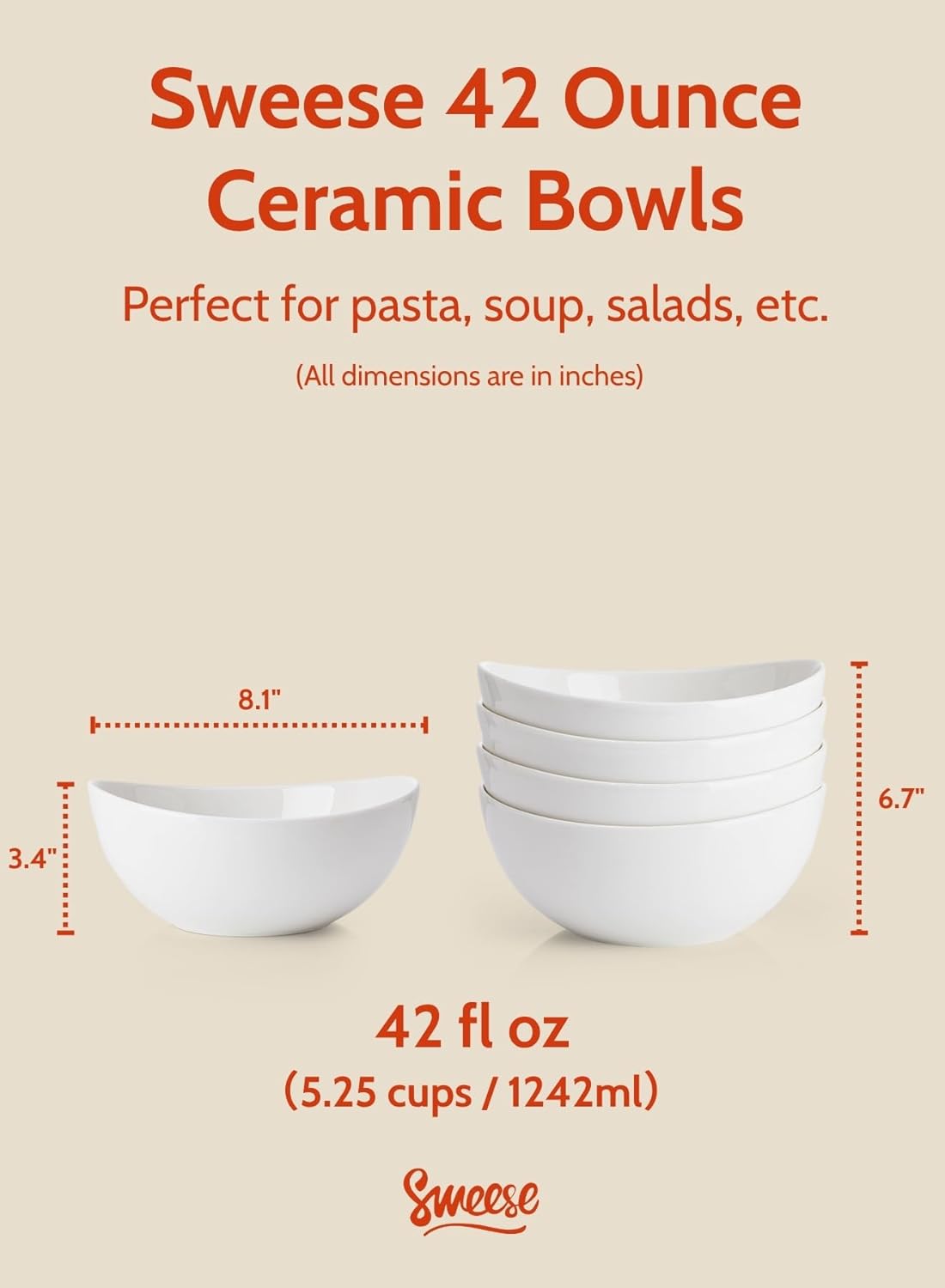 Sweese 8 Inch Porcelain 42 oz Serving Bowls Set of 4, for Salad | Soup | Snacks | Pasta - Microwave, Dishwasher, and Oven Safe - White
