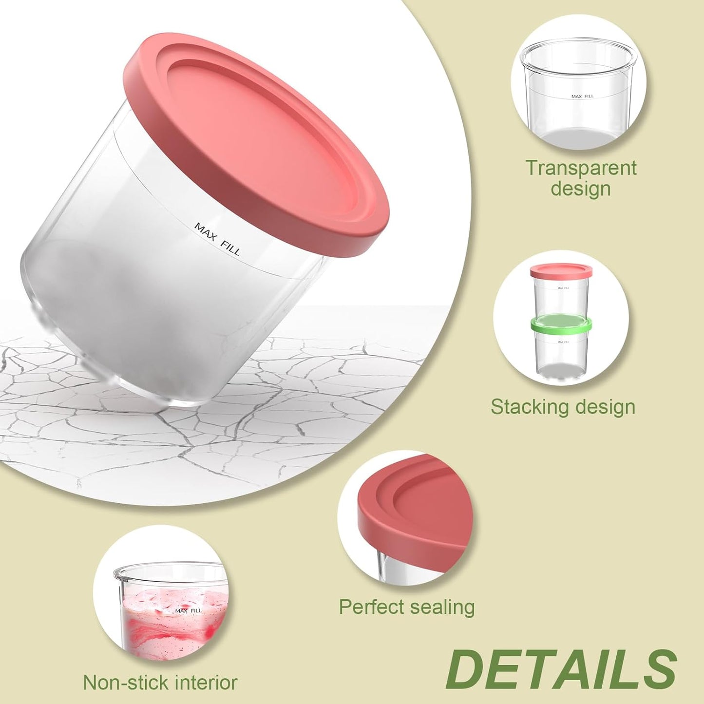 Containers Replacement for Ninja Creami Pints and Lids - 4 Pack,16oz Ice Creamy Containers Cups Jars Canisters Set Compatible with NC299AMZ & NC300s Series Ice Cream Maker- 4 Pack Pink Grey Blue