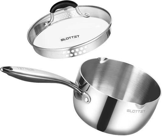 Tri-Ply Whole-Clad Stainless Steel Sauce Pan with Pour Spout,2.5 Quart Small Multipurpose Pasta Pot with Strainer Glass Lid, Saucepan for Cooking with Stay-cool Handle.
